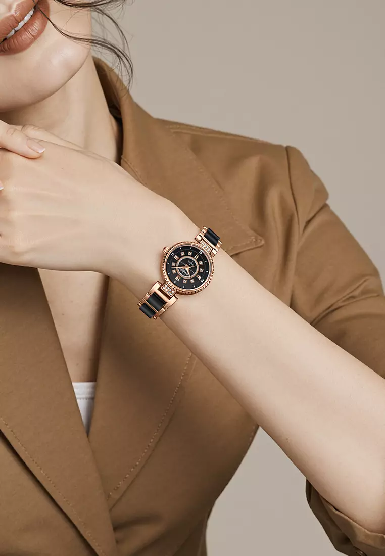 Jam Tangan Wanita Original 8013 Korea Santai Berlian Anti Air Tali keramik Jam Tangan Cewek roseblack