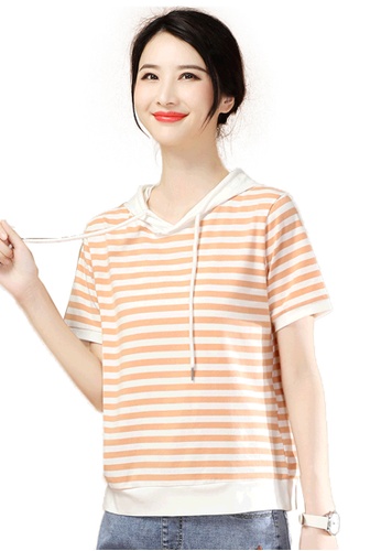 A-IN GIRLS white and orange Casual Striped Hooded T-Shirt F82C5AA72D94AFGS_1