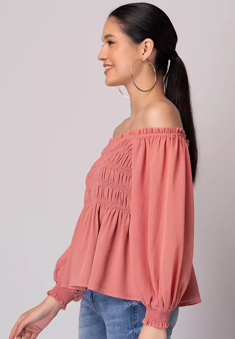 Peach Off Shoulder Smocked Peplum Top