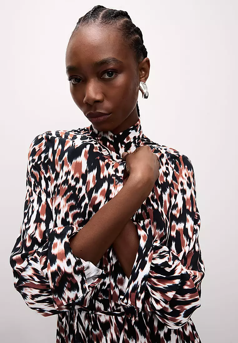 Printed Tie Waist Midi Shirt Dress