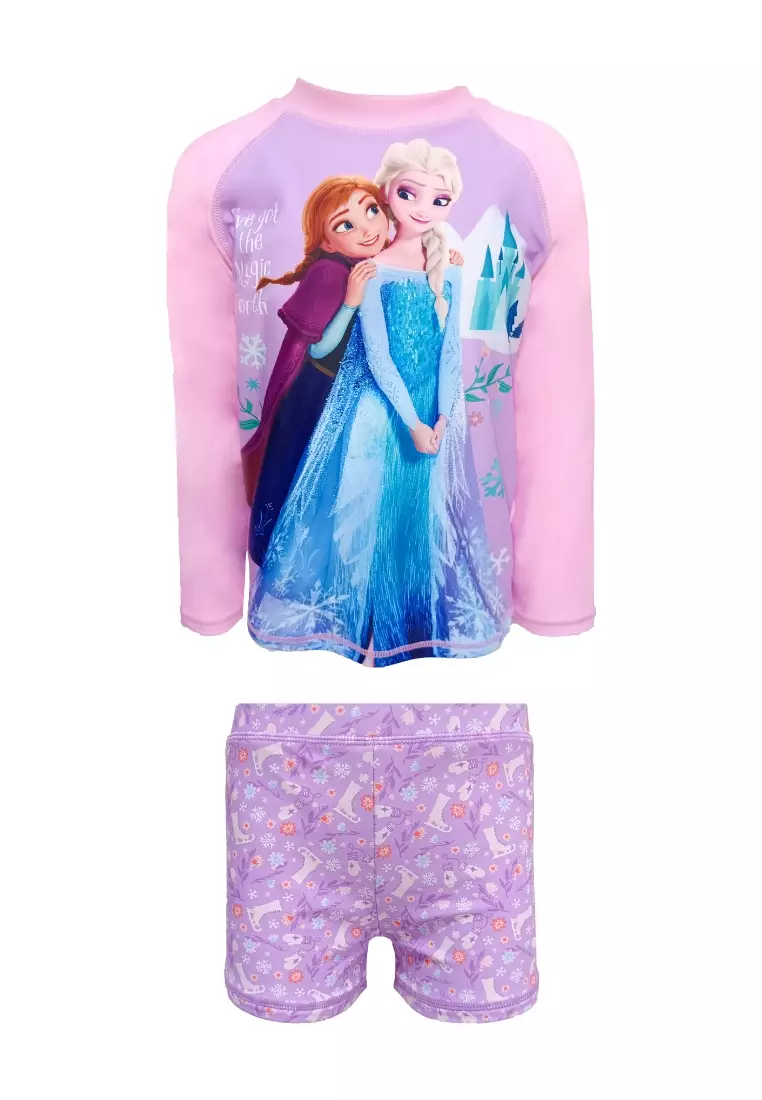 DISNEY Frozen Long-Sleeved Rashguard Boyleg Set with Zipper Swimwear for Kids Girls