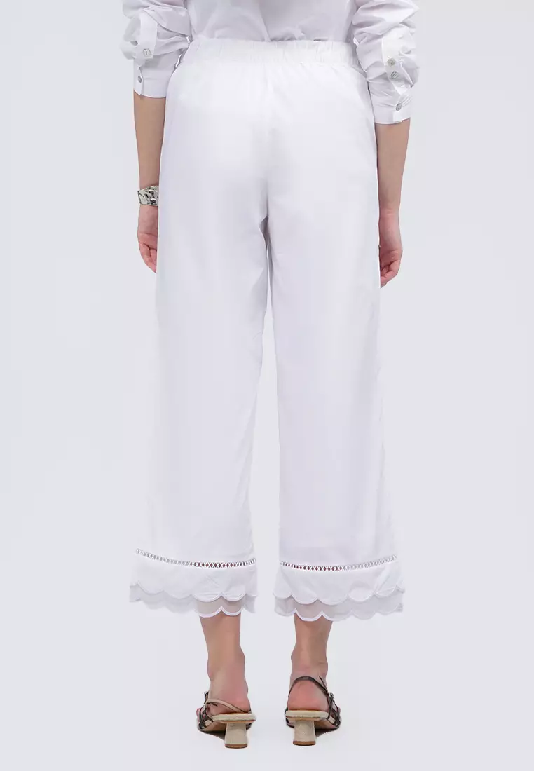Ankle Length Pants with Lace Hemline OFF WHITE