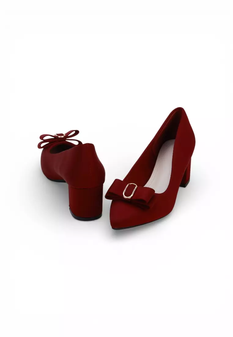 Comfort Fit Bow 5cm Pointed Block Heel Pumps 62130 in Maroon