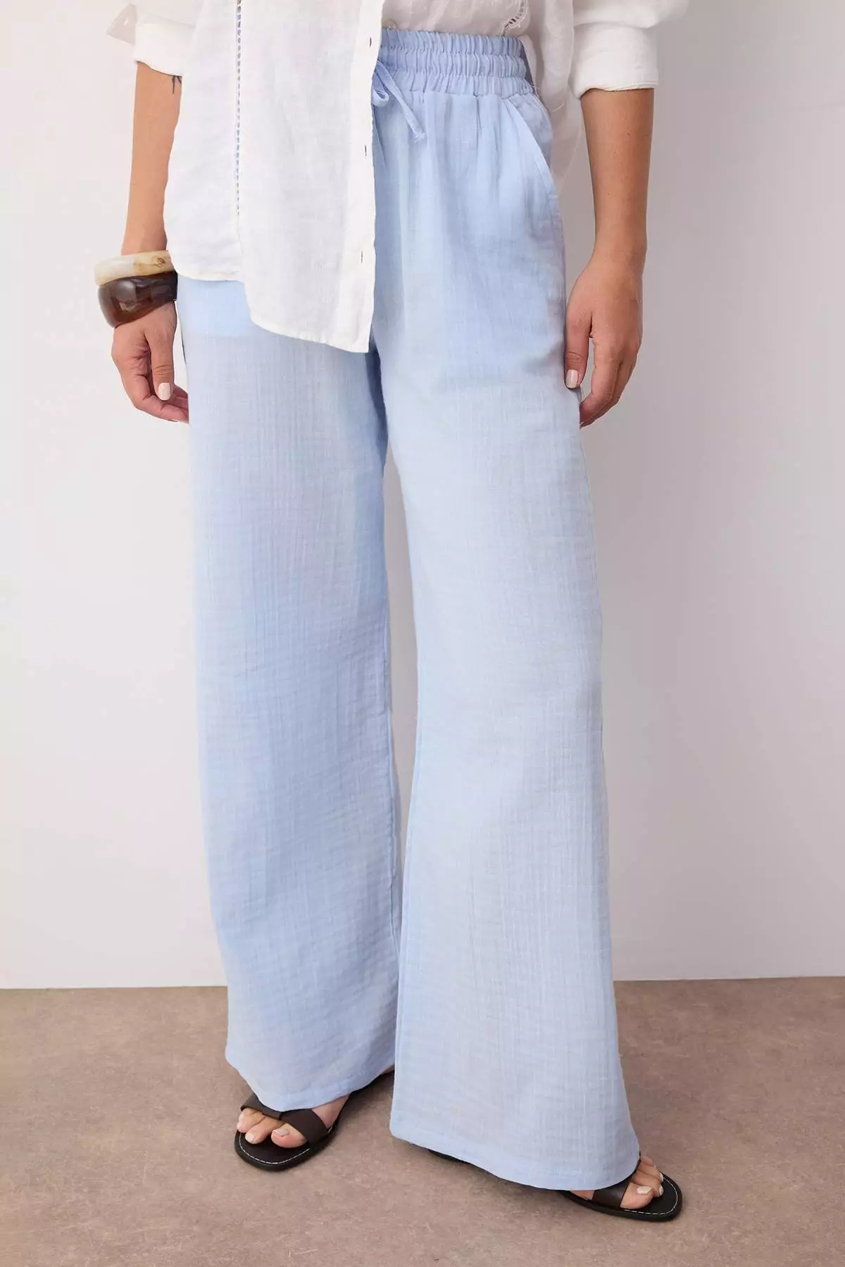 Blue Muslin Elastic Waist High Waist Wide Leg Pants