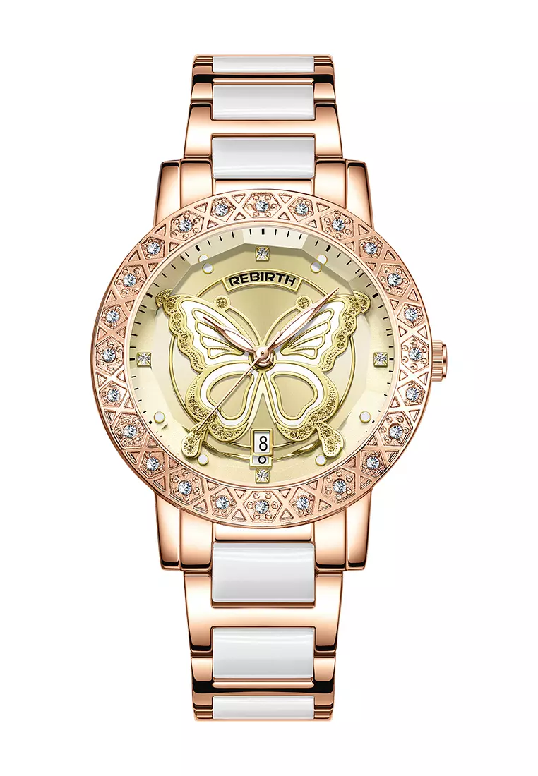 Jam Tangan Wanita Desain Kupu-Kupu Berlian Kristal Kalender Tali Stainless Steel Ceramic Anti Air Warna rosegreen