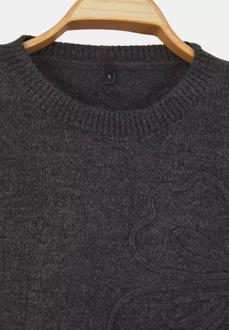 Anthracite Soft Textured Flower Pattern Embroidered Knitwear Sweater
