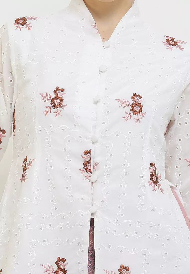 Blouse Atasan Kebaya Kutubaru Embro Modern Wanita Kartini Widuri White Pink Lengan Panjang