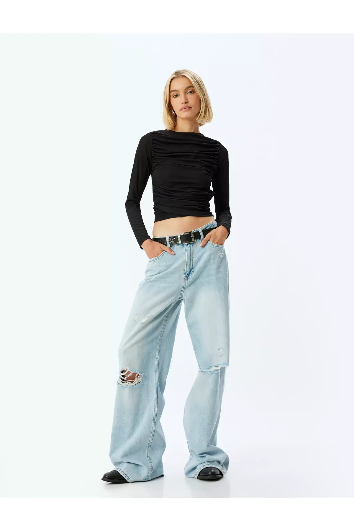 Ribbed Bodysuit Draped Long Sleeve Crew Neck