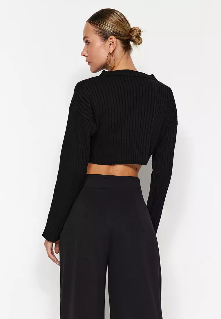 Black Hook And Loop Closure High Waist Pleated Wide Leg/Wide Cut Knitted Trousers Twoaw24Pl00177