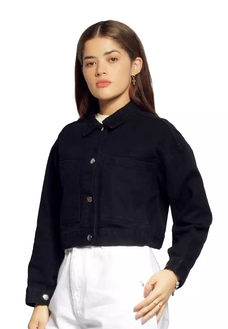 Womens black cropped denim jacket sales