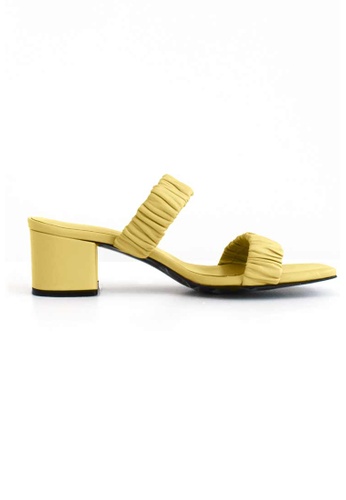 TAV [Korean Designer Brand][Order-made] Ruched double strap heeled mules - Yellow 6E12ESHAC3CADBGS_1