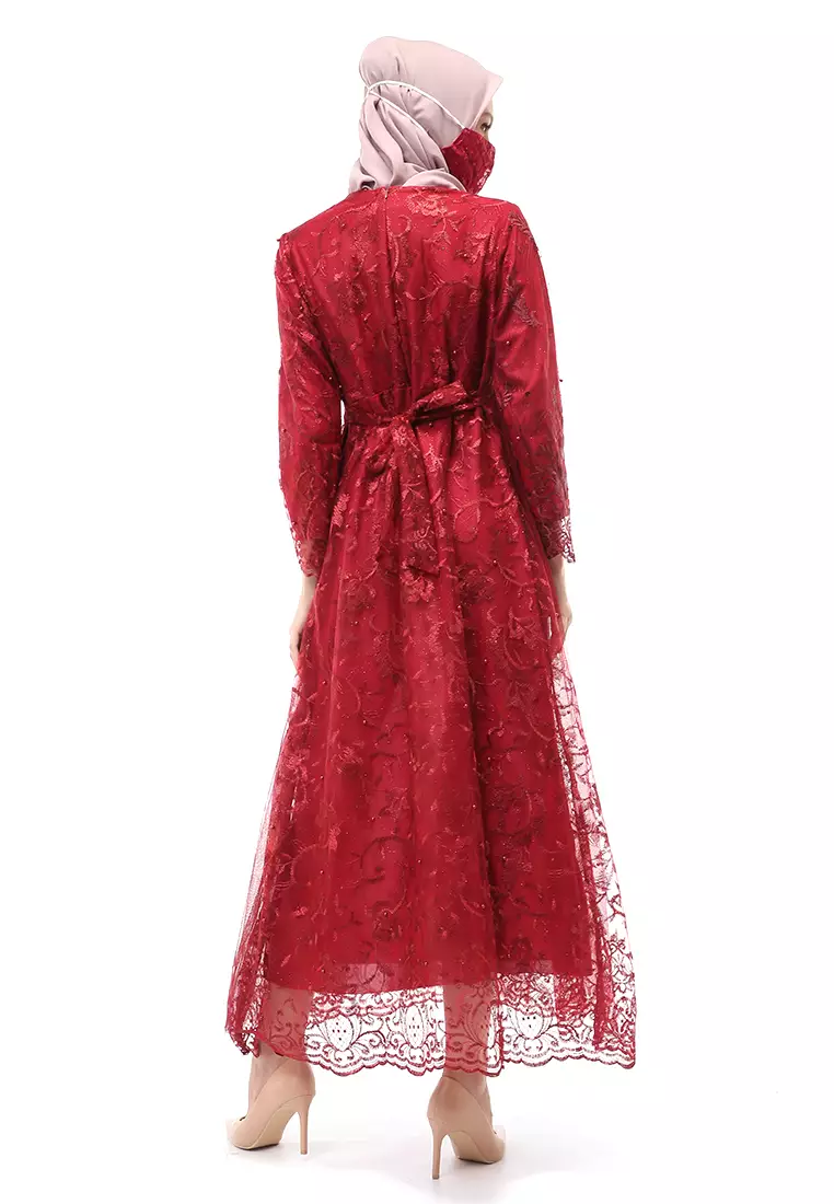 Marlina Gamis Kebaya Muslimah Panjang Motif Polos Long Sleeve Regular Fit - Maroon