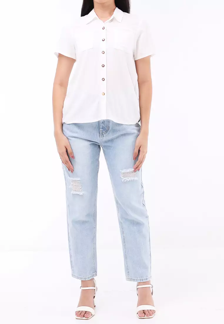 Woven Plain Rayon Short Sleeves Blouse