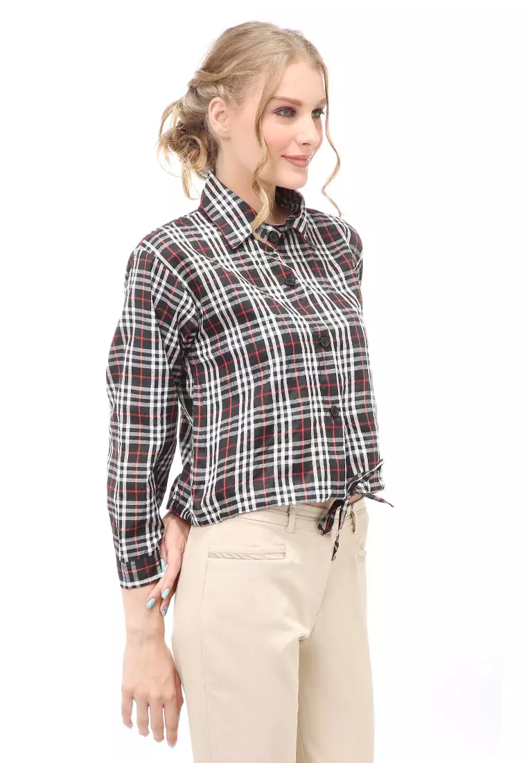 Holly Atasan Kasual Kemeja Crop Top Wanita Lengan Panjang Plaid Motif Material Cotton ORIGINAL - Black
