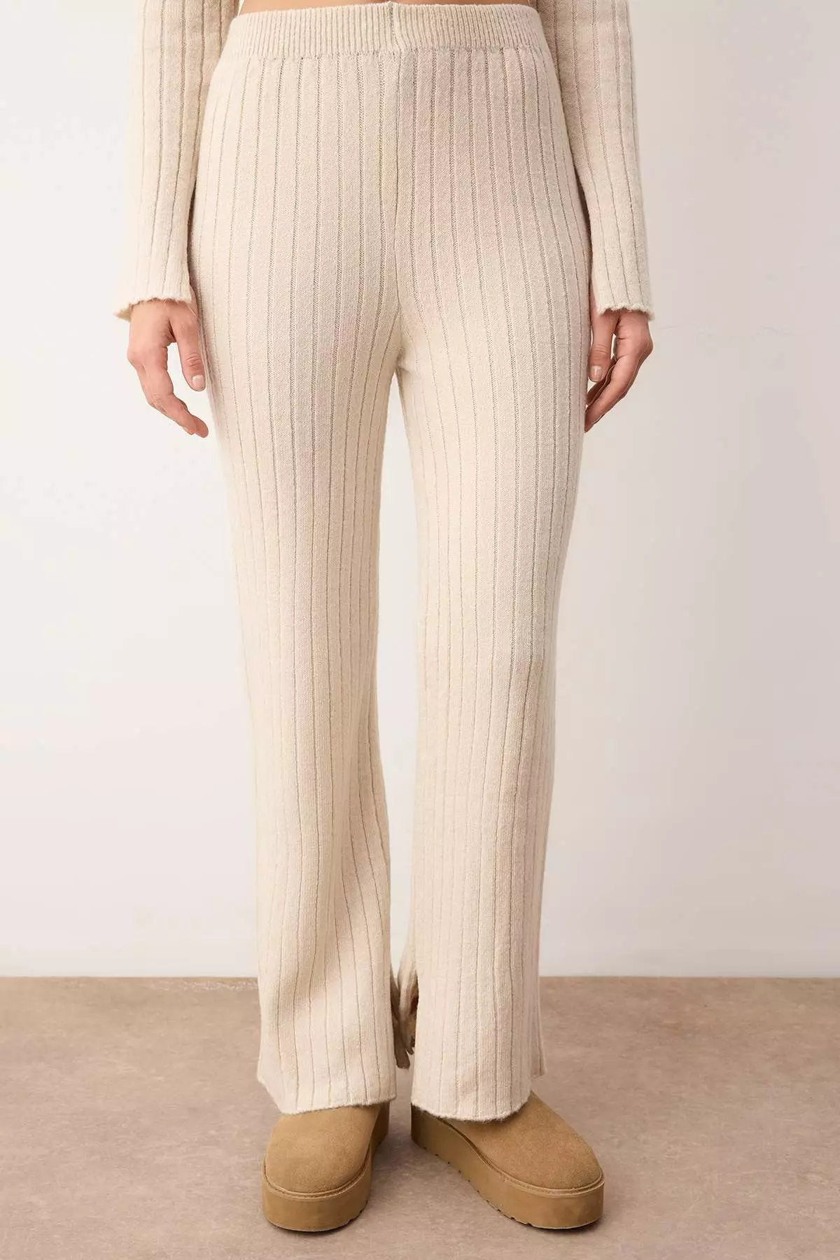 Stone Soft Textured Sweater-Pants Knitwear Bottom-Top Set Twoaw26Au4