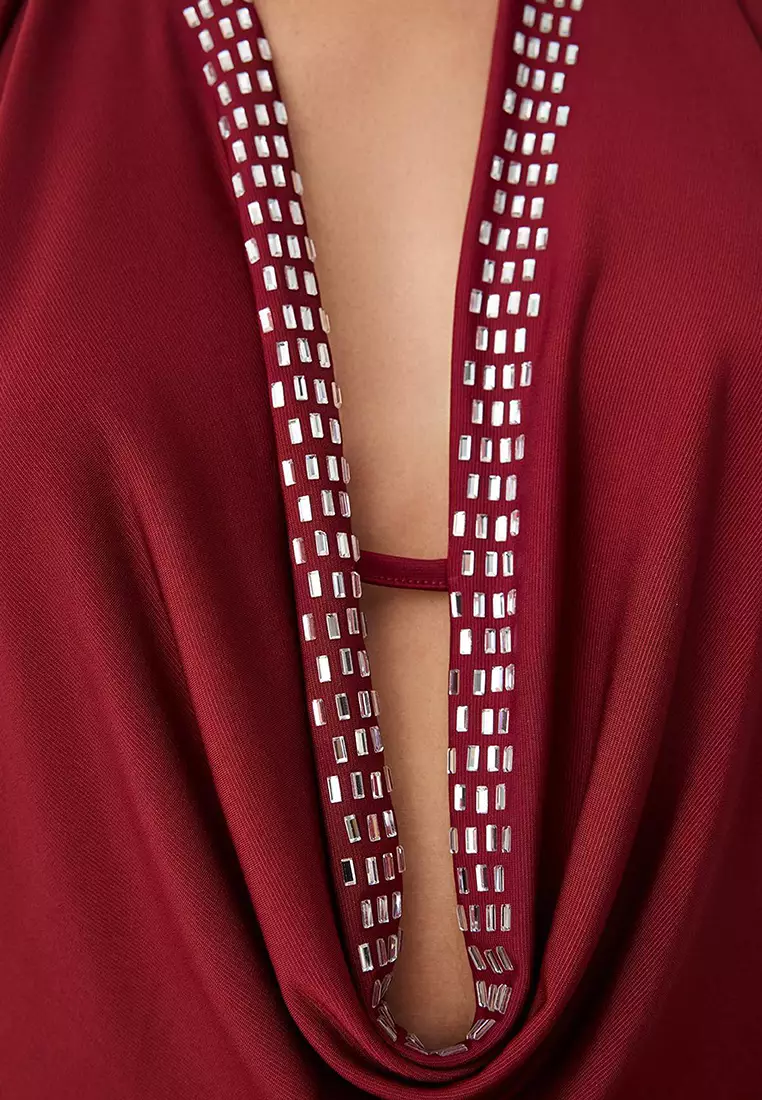 Burgundy Degaje Collar Deep Decollete Shiny Stone Detail Evening Dress Evening Graduation Dress
