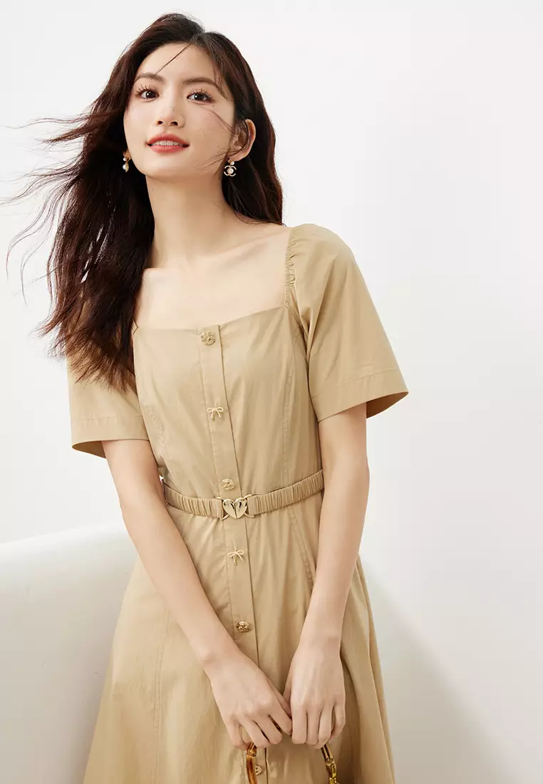 Plain Puff Sleeve Square Neck Midi Dress with Elastic Belt