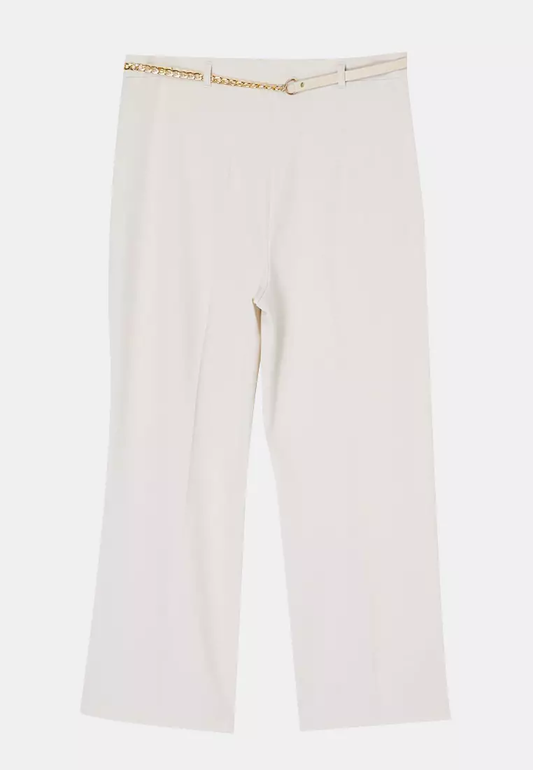 Ecru High Waist Pipe Leg Accessory Detailed Plus Size Woven Trousers Tbbss26Ar00015
