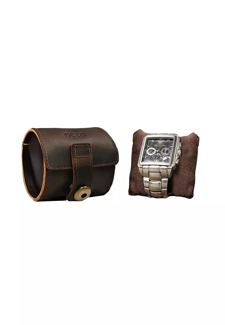 OTTO Single Watch Case in Genuine Leather Handmade Watch Holder Travel Watch Roll with Cushion