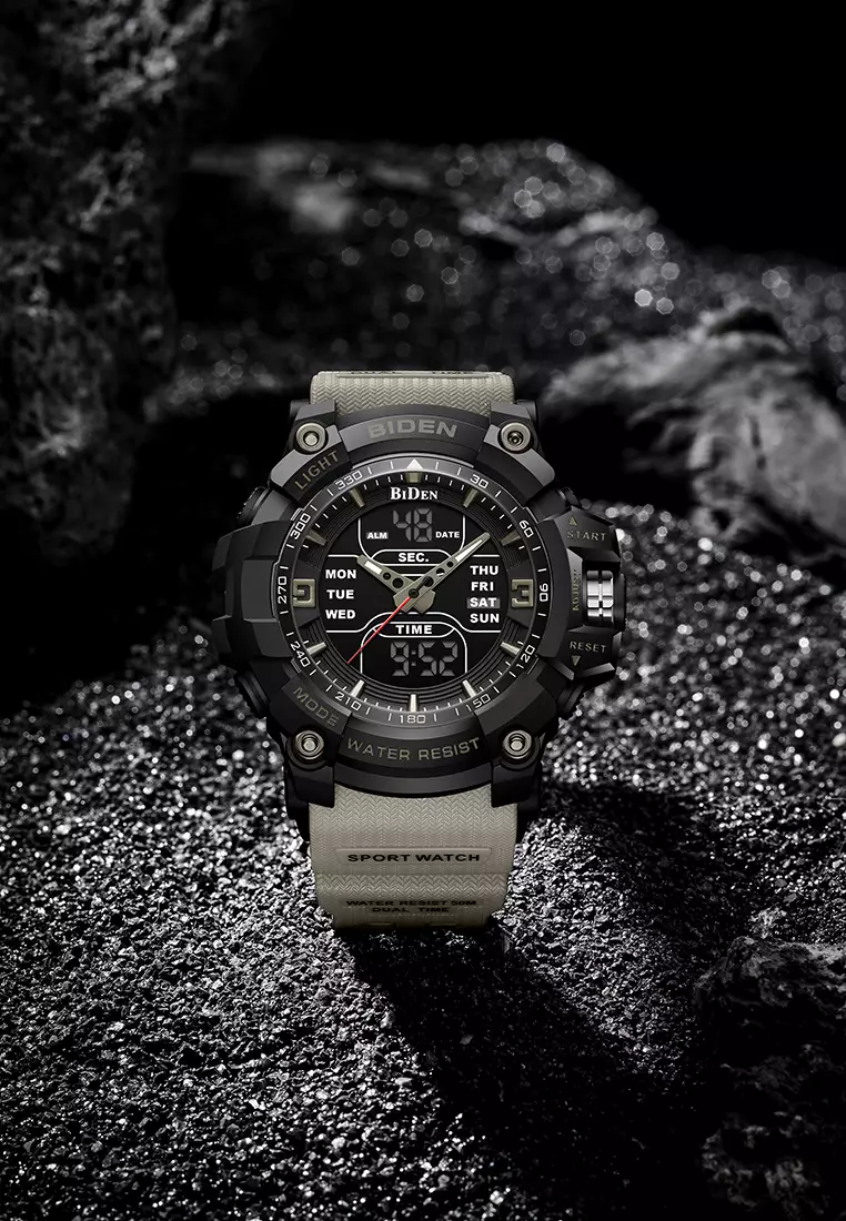 BIDEN Jam Tangan Pria Militer Tali Silikon Analog&Digital Display Jam Tangan Cowok KhakiBlack