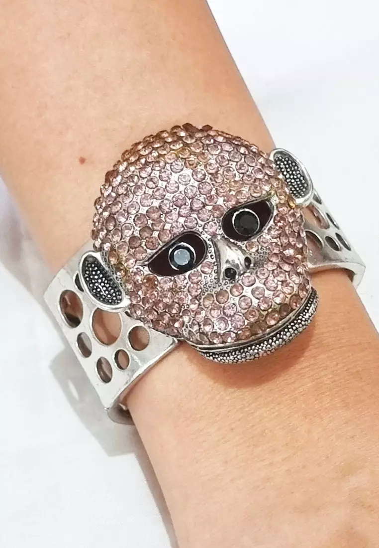 Women's Accessories Diamante Embellished Ape Bracelet Gelang Wanita Pink & Silver