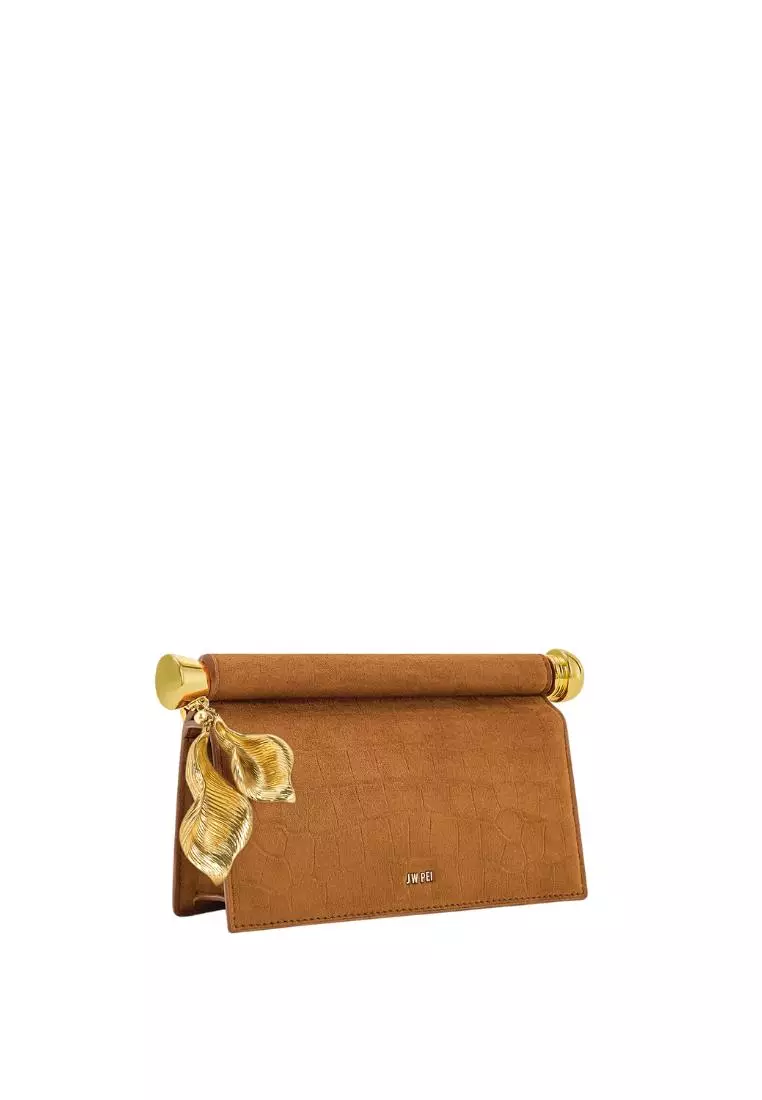 Holly Faux Suede Metal Pendant Embellished Clutch - Brown