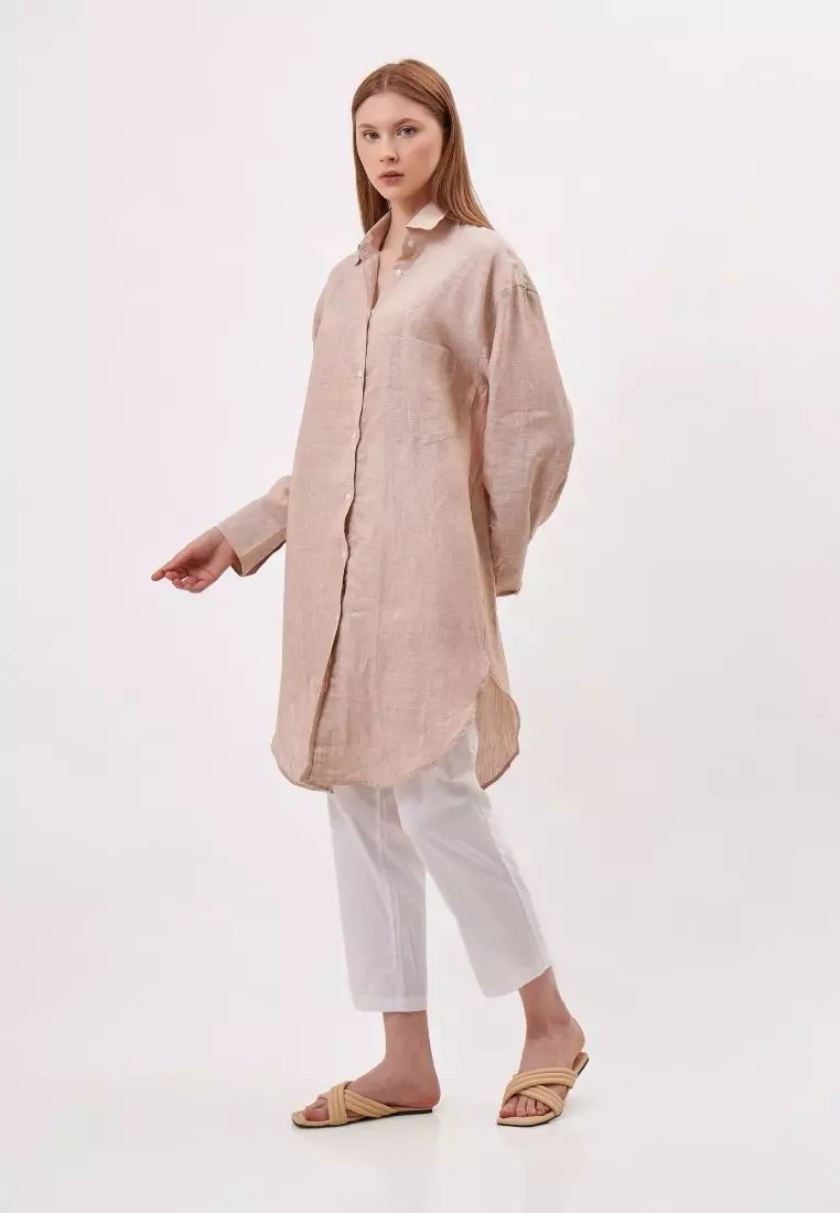 Sharm Kemeja Linen Oversize Lengan Panjang Wanita Cream | Oversize Linen  Long Sleeve Shirt Women Cream