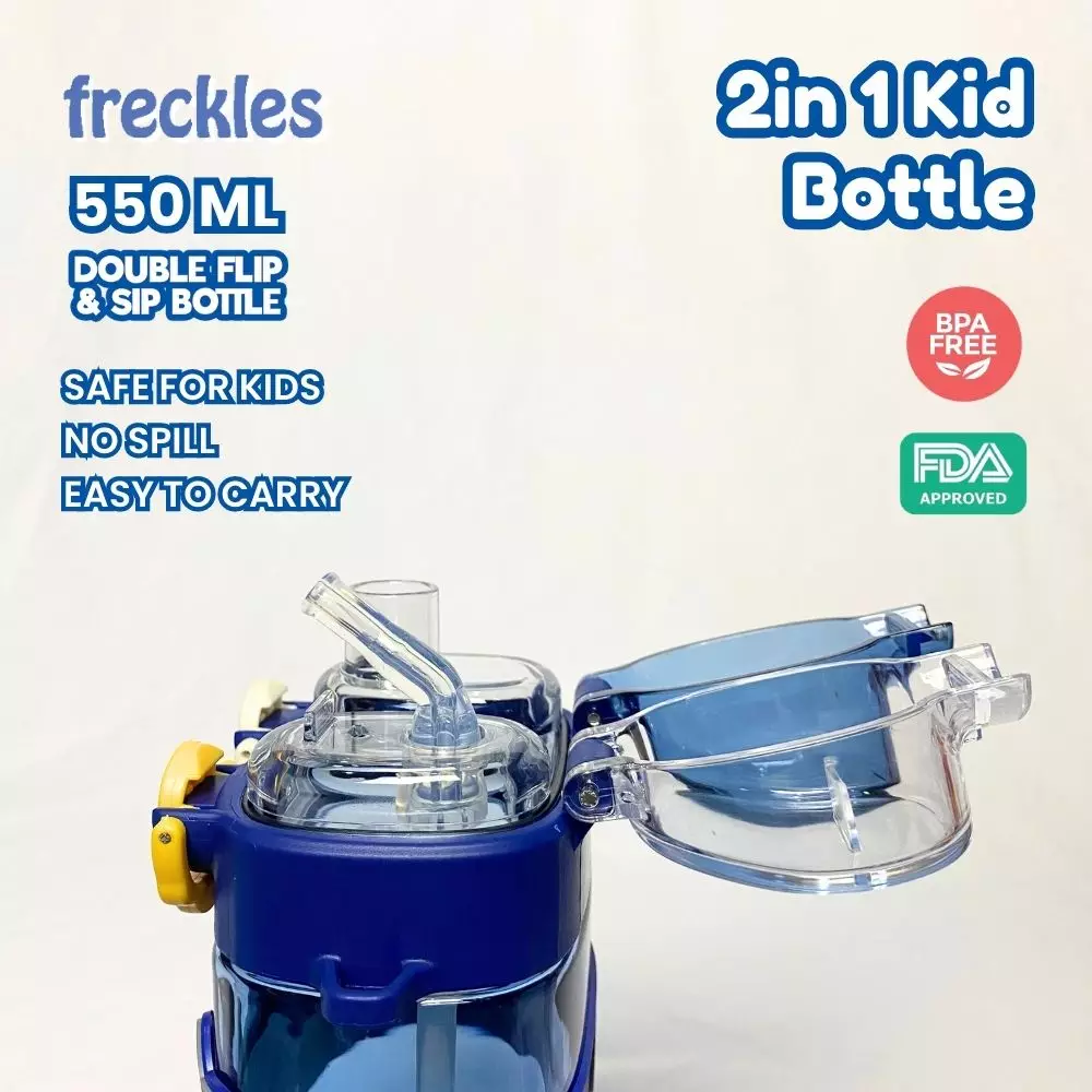 Freckles 2in1 Kids Bottle 550ml - Blue - Botol anak dengan 2 tutup botol unik