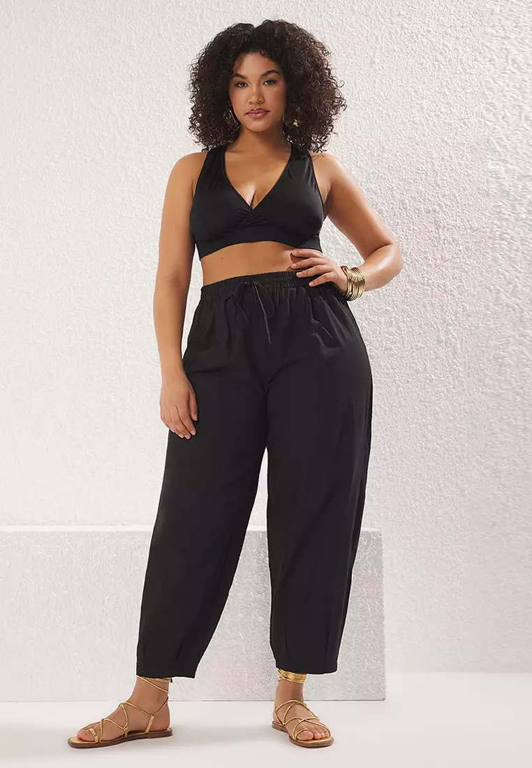 Black Pleated High Waist Carrot/Shalwar Beach Wear Plus Size Trousers Tbbss25Ar00001