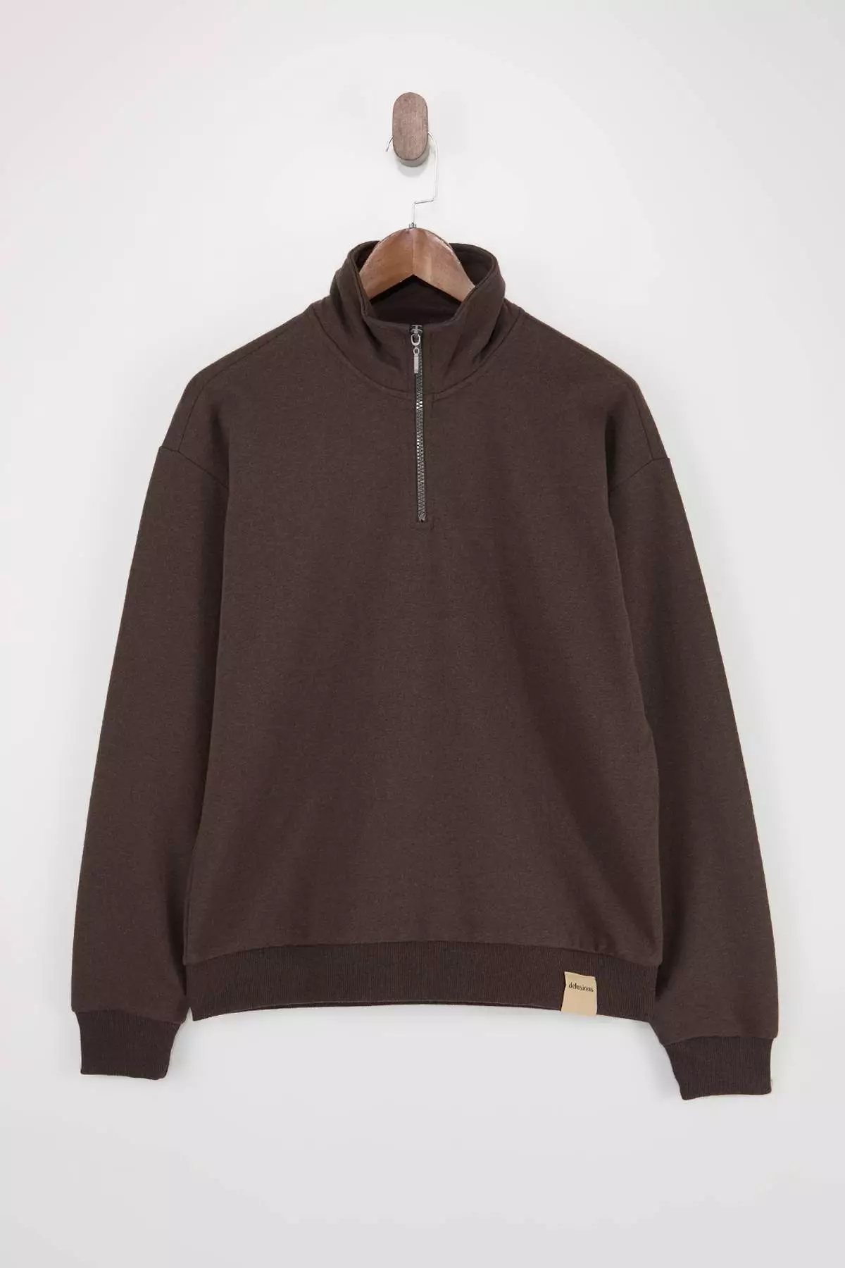 Dark Brown Oversize/Wide Stand Collar Zippered Label Fleece Inside Sweatshirt Tmnaw25Sw00168