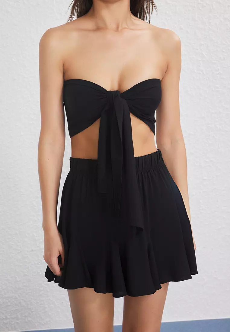 Black Woven Tie Detail Strapless Blouse Skirt Beach Set TBESS25AU00104