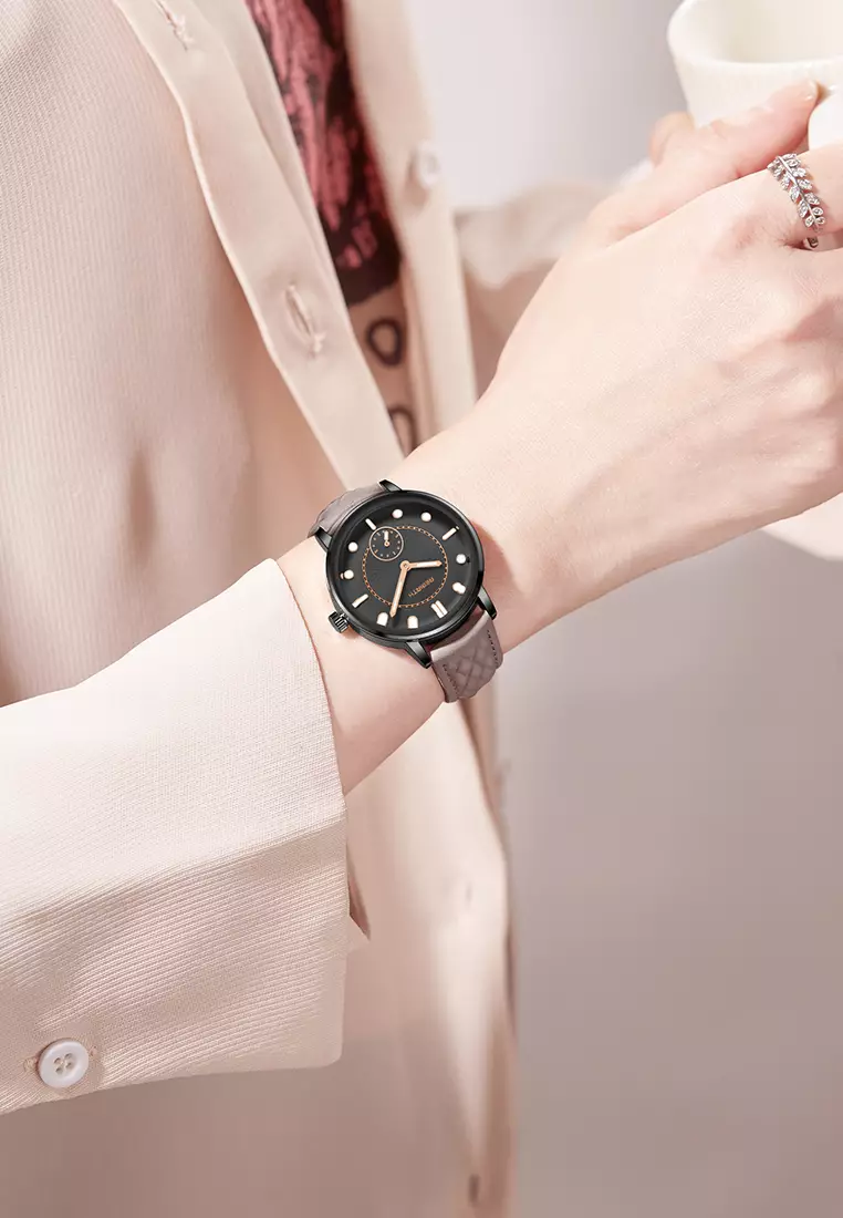 Jam Tangan Wanita Original Anggun Bercahaya Tali Kulit Mode Jam Tangan Cewek khakiblack