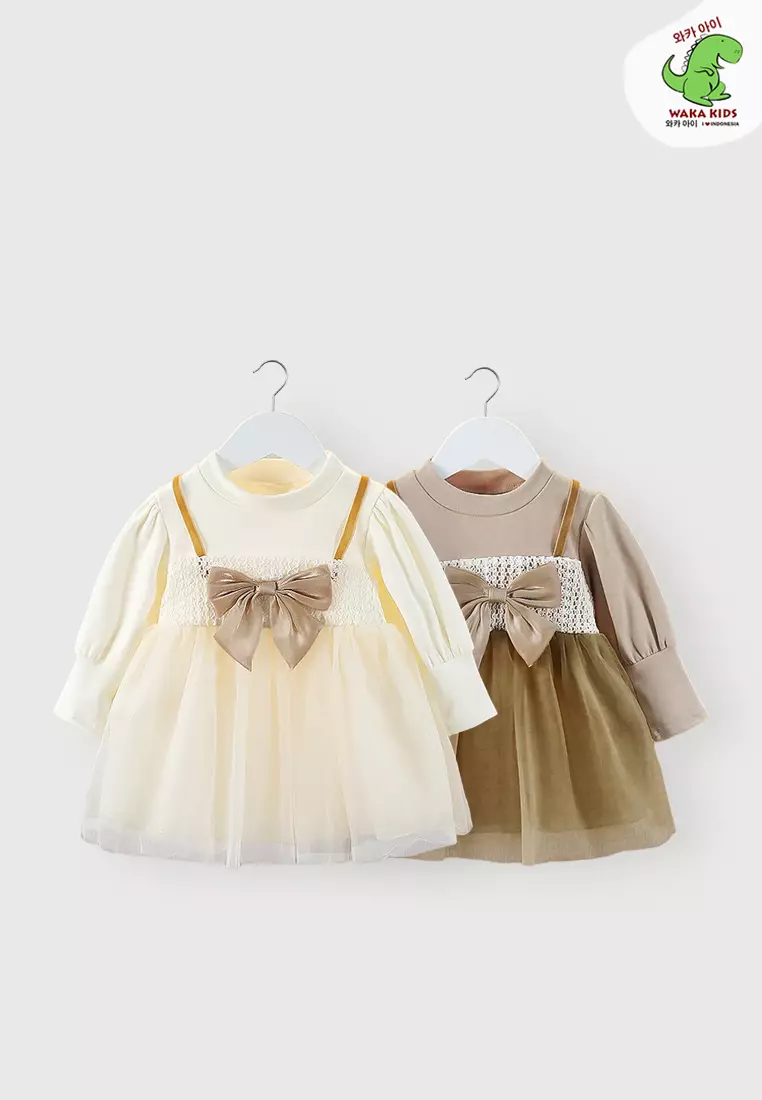 Wakakids Dress Bayi Anak Perempuan Lengan Panjang Gaun Pesta Rok Tutu Ribbon 4436 Venrz Mocca