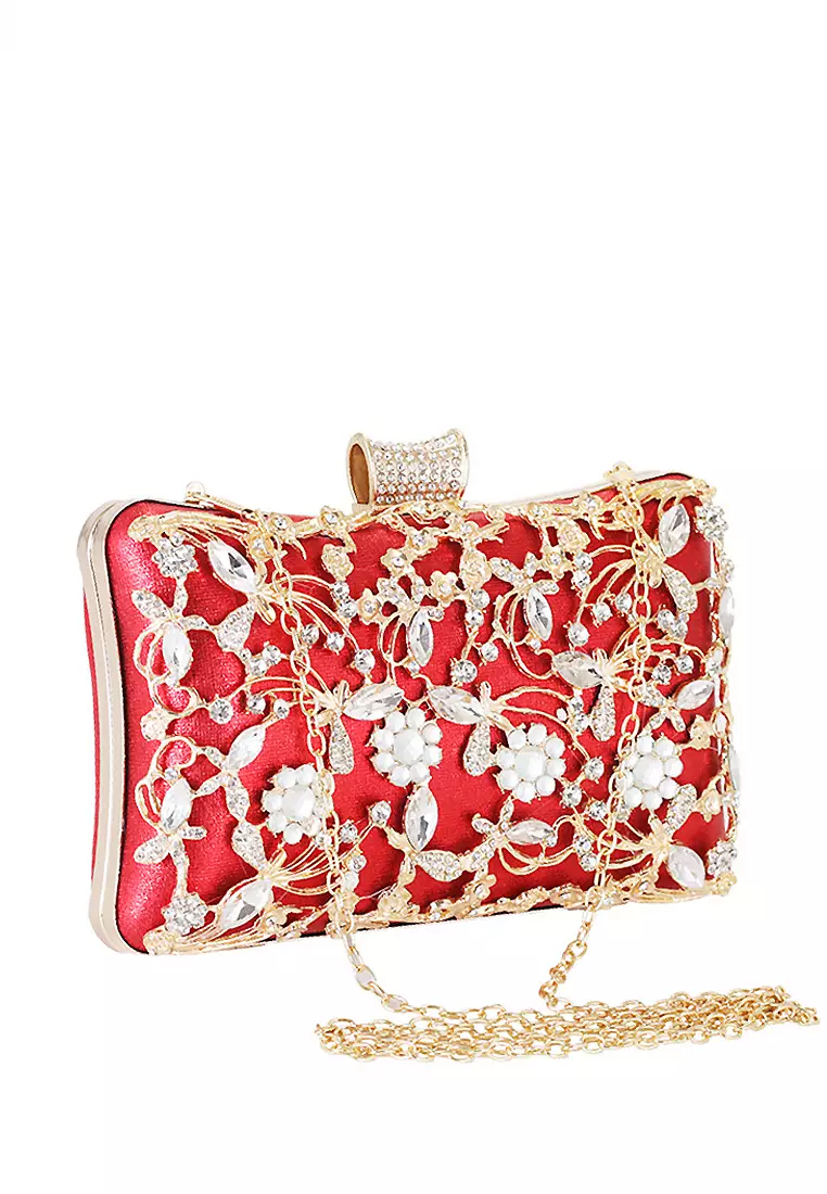 Red embellished clutch bag discount