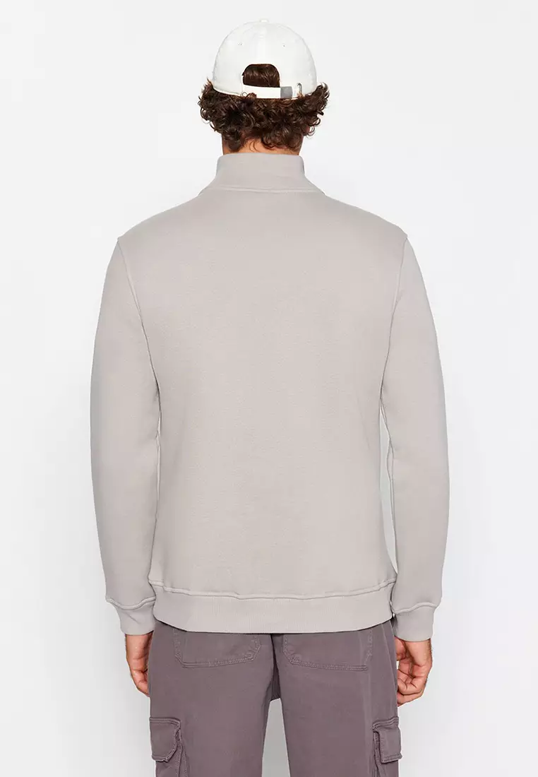 Grey Regular/Normal Cut Stand Collar Zippered Cotton Basic Inside Polar Fleece Sweatshirt TMNAW24SW00041
