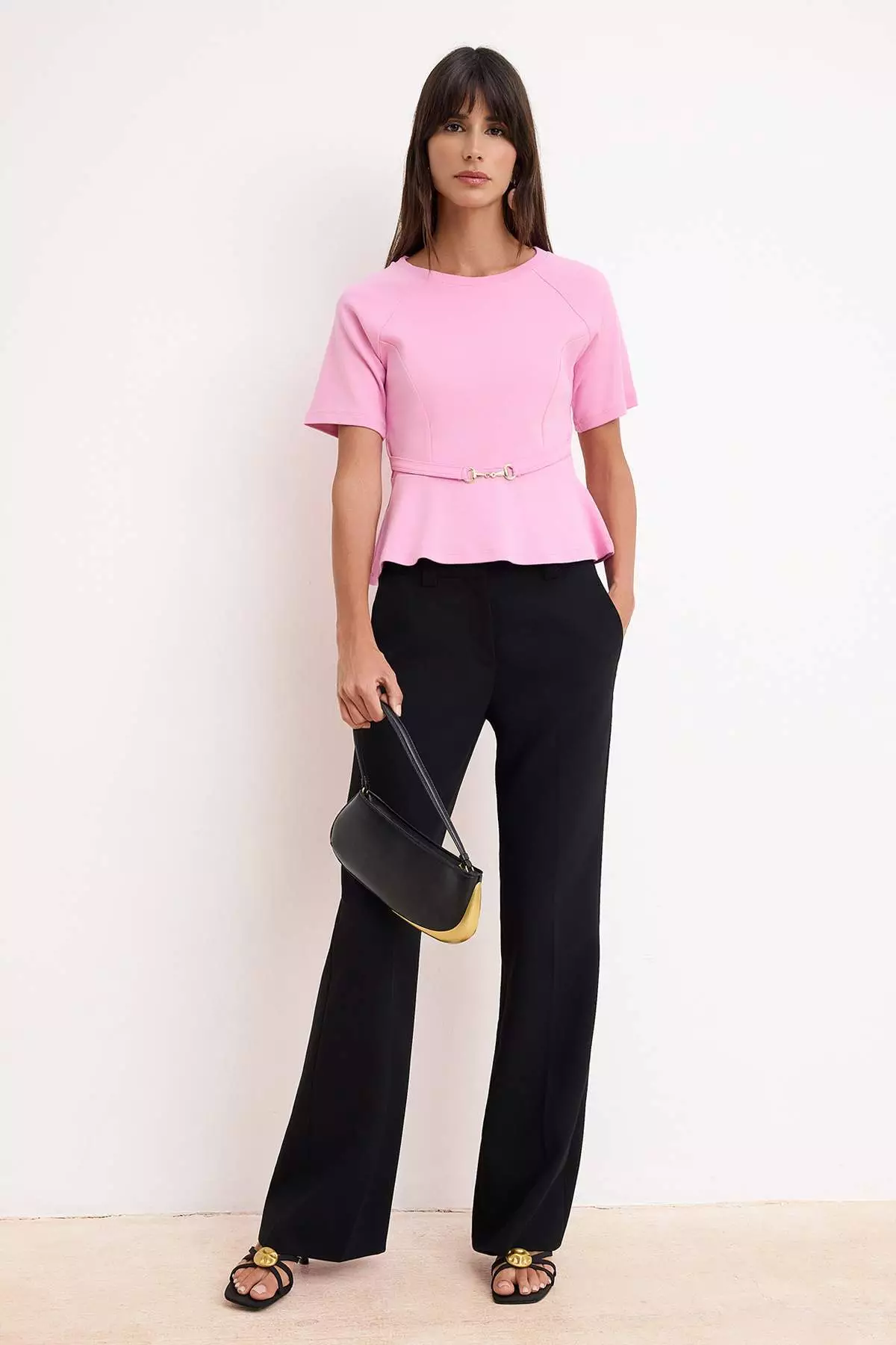 Pink Peplum Raglan Sleeve Short Sleeve Accessory Detailed Interlock Knitted Blouse Twoss26Bz242