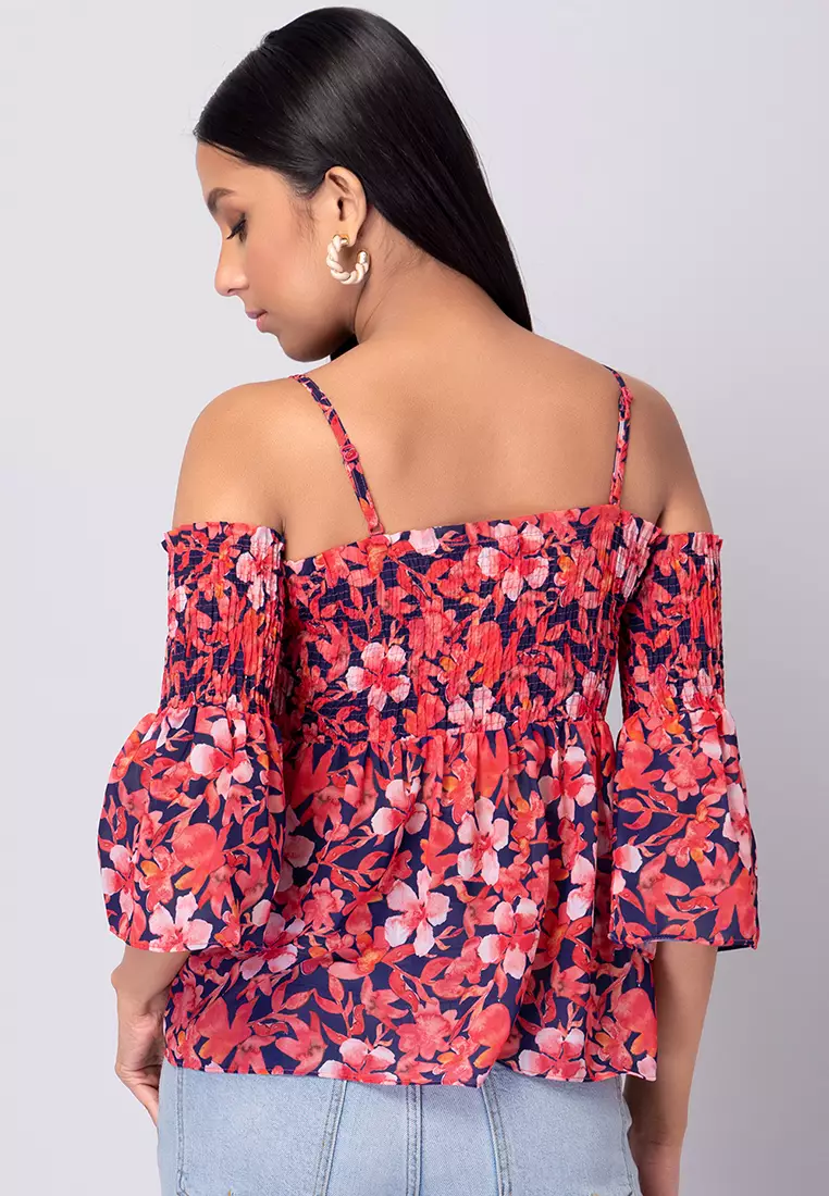 Red Floral Print Smocked Cold Shoulder Top