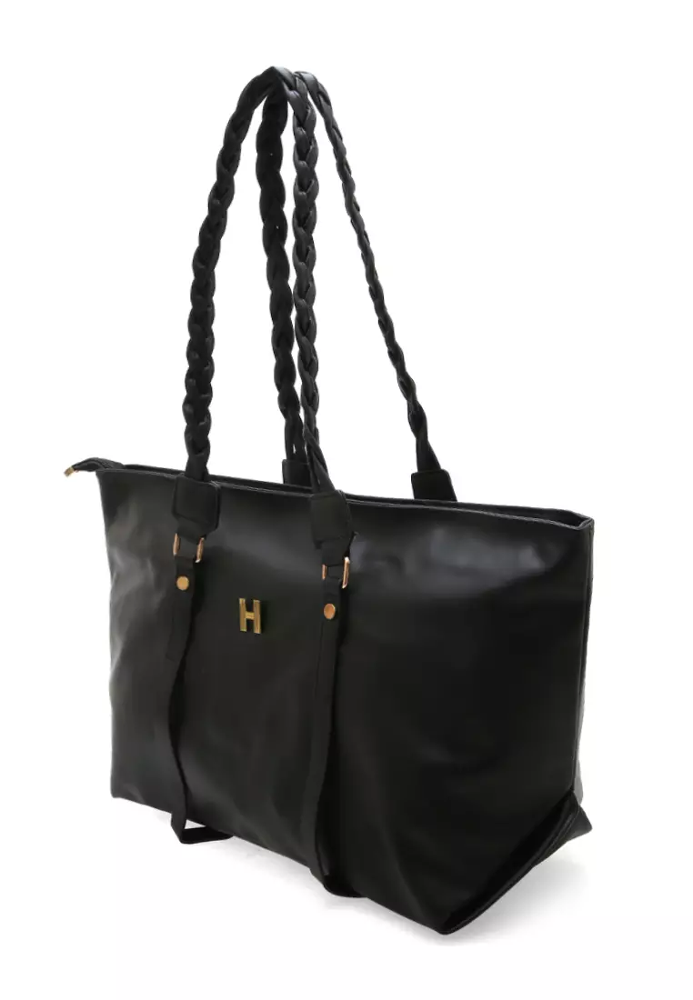 Laura Tote Bag Wanita Tali Desain Kepang Tas Bahu Large Compartment Material Leather ORIGINAL - Black