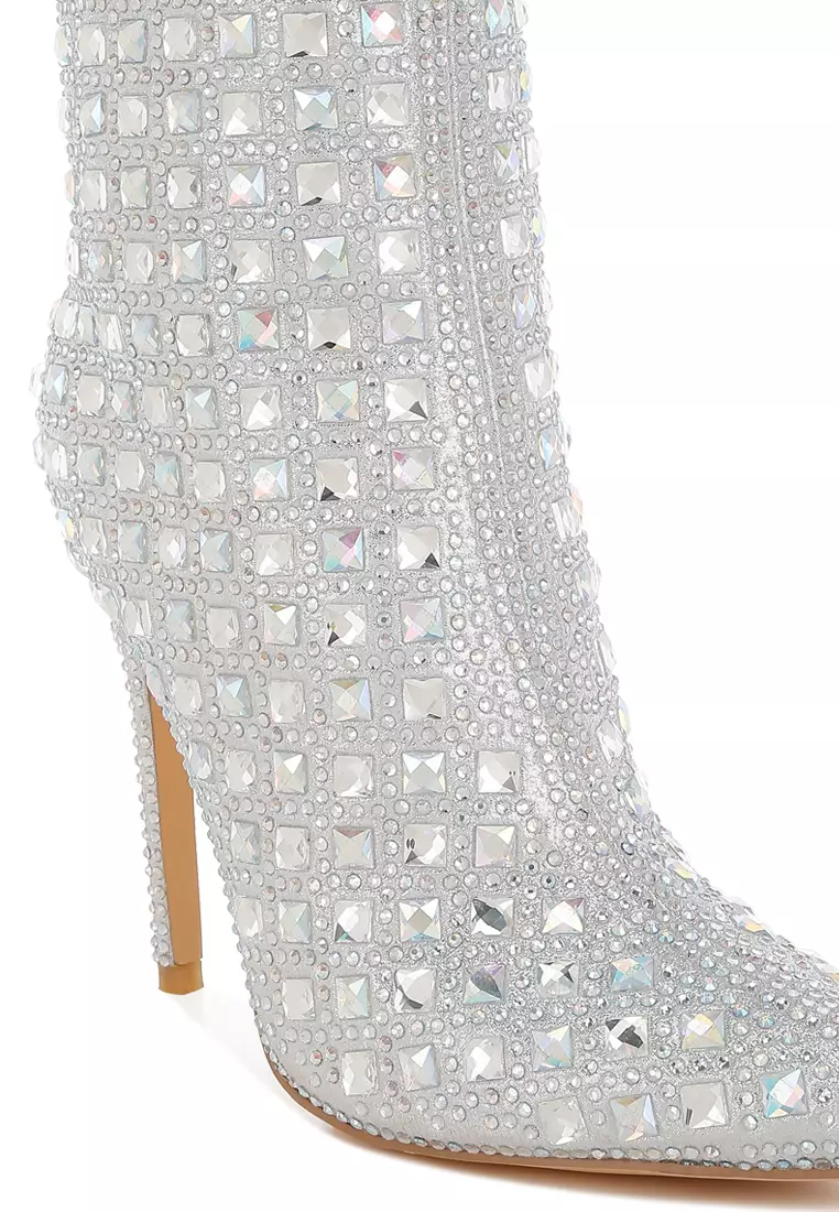 Pointed Toe Rhinestones Stiletto Boots in Silver