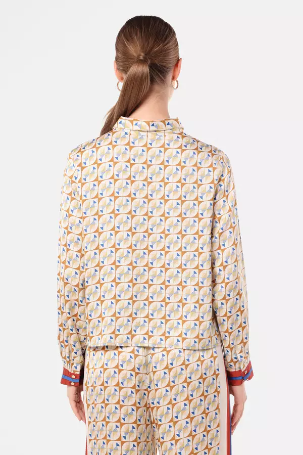 MINIMAL - Glow - Kemeja Satin Motif geometris - Beige Warna Beige