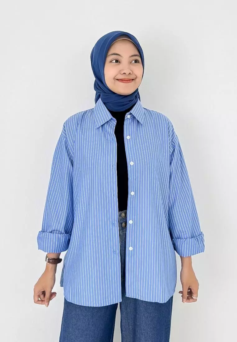 Oversized Cotton Stripe Shirt (Kemeja Katun Wanita) LD 120 cm - Biru Muda
