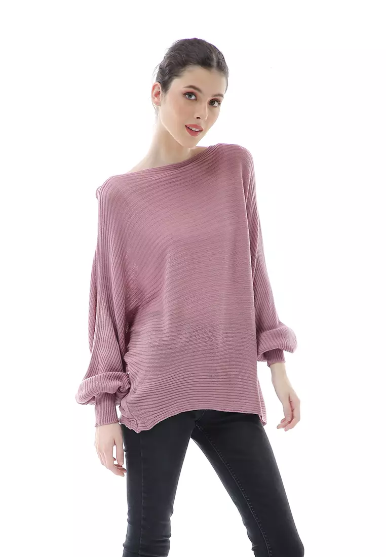 Eveline Sweater Rajut Batwing Atasan Wanita Motif Polos High Quality - Nila Muda