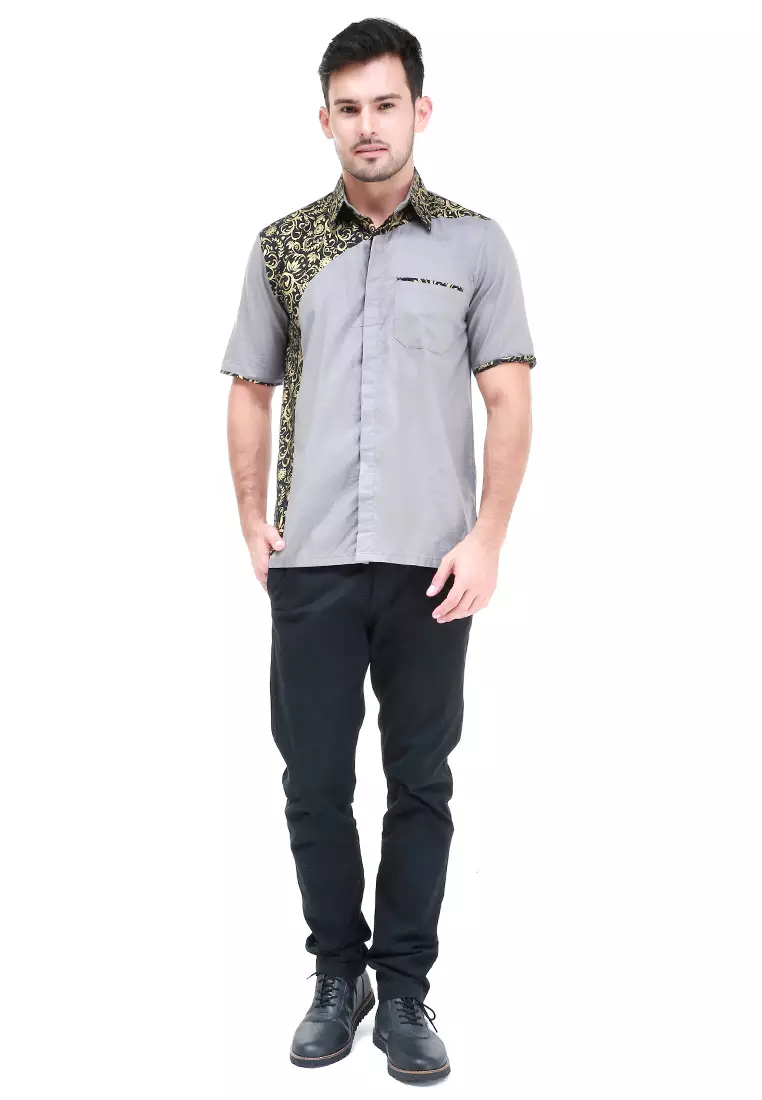 Dwan Kemeja Batik Pria Right Side Atasan Formal Shortsleeve Shirt Material Cotton ORIGINAL - Grey
