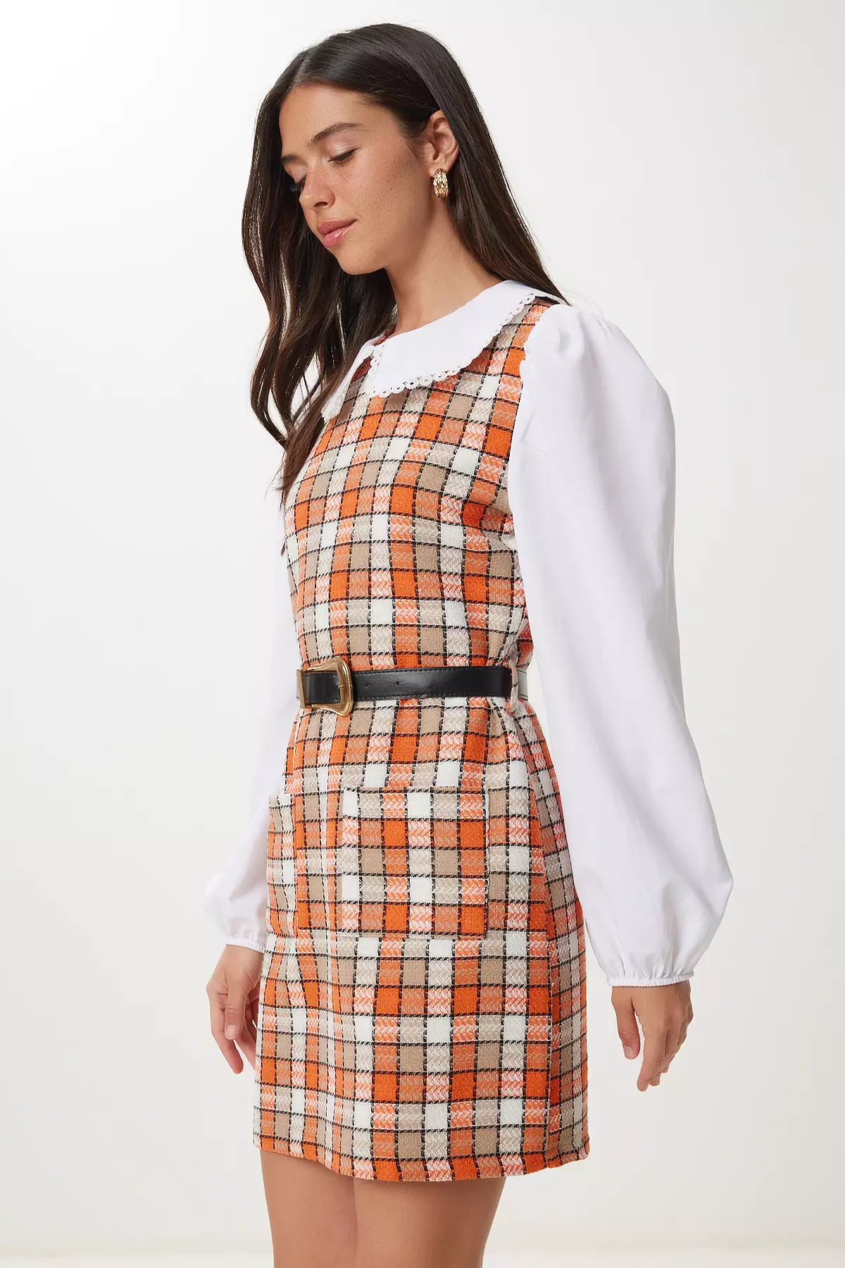 Women's Orange Bone Belt Mini Tweed Dress Rg00078