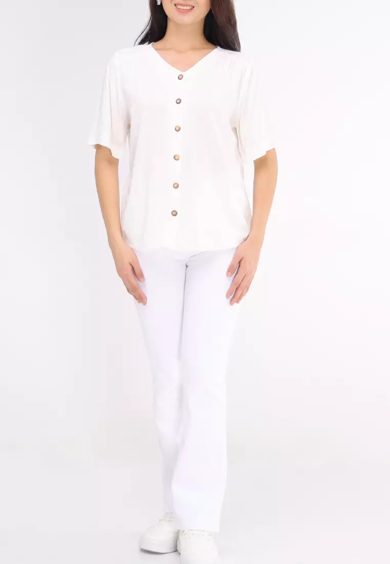 Woven Plain Soft Linen Short Sleeve Blouse