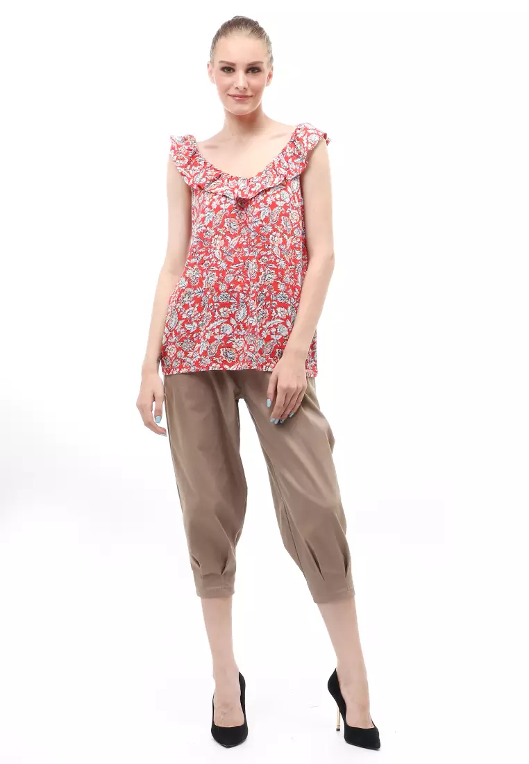 Baju Atasan Ruffled Linen Blend Jersey Wanita Relaxed Fit - Orange Floral