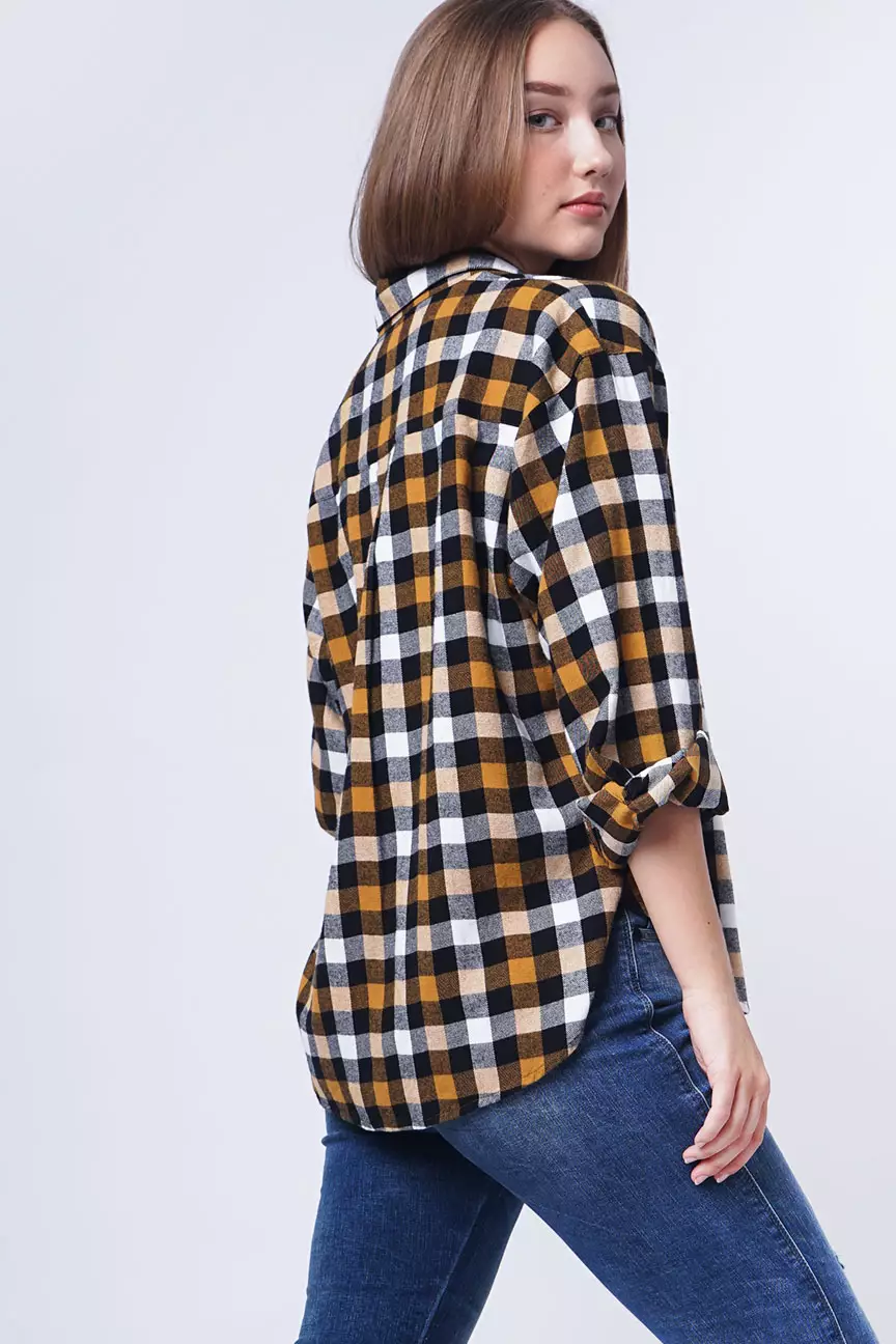 Kemeja Flanel Wanita Maeva Mustard Black