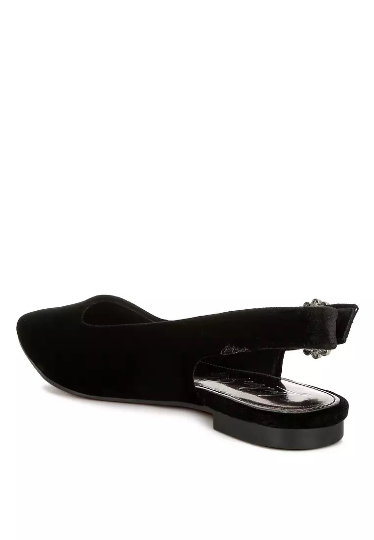 Velvet Slingback Flat Sandals in Black