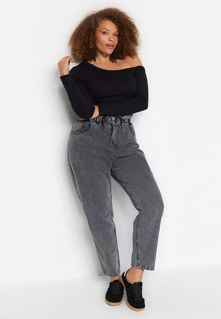 Gray High Waist Elastic Waist Mom Jeans TBBAW23JE00002