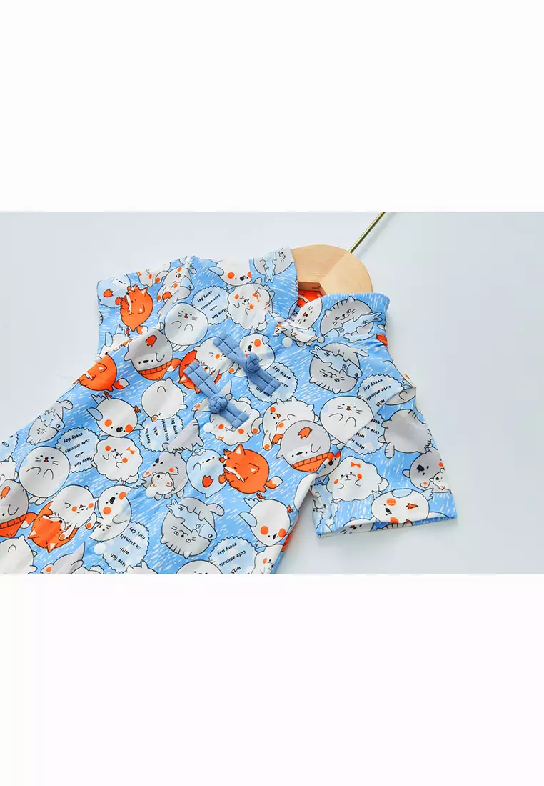 Purrfect Family Paws Baby Boy Blue Little Cats Cheongsam Romper Family Wear 0801